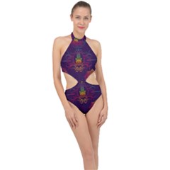 Boho Hamsa Mandala Halter Side Cut Swimsuit by lucia