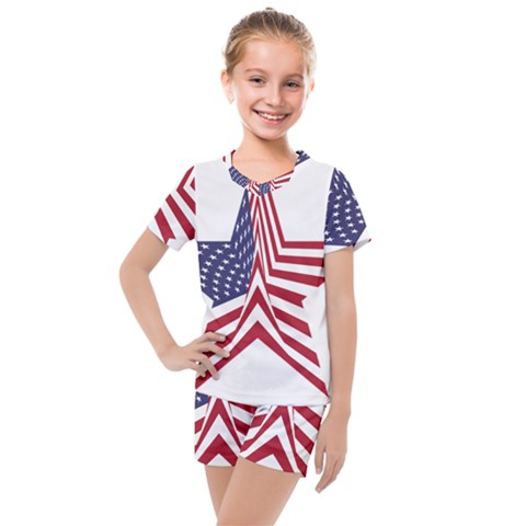 A Star With An American Flag Pattern Kids  Mesh Tee And Shorts Set by Sudhe