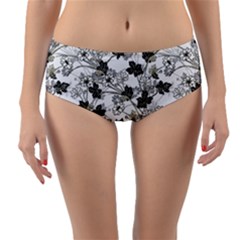 Black And White Floral Pattern Background Reversible Mid-waist Bikini Bottoms by Sudhe