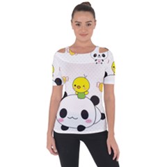 Giant Panda Red Panda Cartoon Drawing Shoulder Cut Out Short Sleeve Top by Sudhe