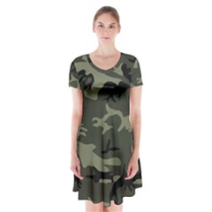 Camo Dark Green Short Sleeve V-neck Flare Dress by retrotoomoderndesigns
