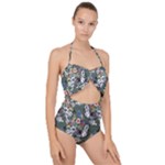 Vintage flowers and birds pattern Scallop Top Cut Out Swimsuit