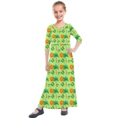 Holiday Tropical Smiley Face Palm Kids  Quarter Sleeve Maxi Dress by Pakrebo