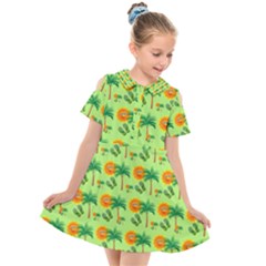 Holiday Tropical Smiley Face Palm Kids  Short Sleeve Shirt Dress by Pakrebo