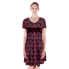 Peace And Love Typographic Print Pattern Short Sleeve V-neck Flare Dress by dflcprintsclothing