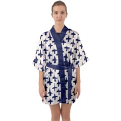 Pattern Ink Blue Navy Crosses Grunge Flesh And Navy Pattern Ink Crosses Grunge Flesh Beige Background Quarter Sleeve Kimono Robe by genx