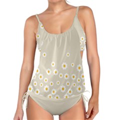 White Daisies Flower Pattern On Vintage Pastel Beige Background Retro Style Tankini Set by genx