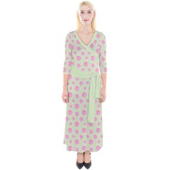 Roses Flowers Pink And Pastel Lime Green Pattern With Retro Dots Quarter Sleeve Wrap Maxi Dress by genx