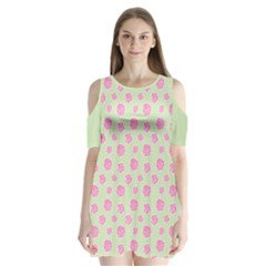 Roses Flowers Pink And Pastel Lime Green Pattern With Retro Dots Shoulder Cutout Velvet One Piece by genx