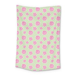 Roses Flowers Pink And Pastel Lime Green Pattern With Retro Dots Small Tapestry by genx