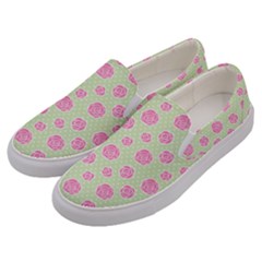 Roses Flowers Pink And Pastel Lime Green Pattern With Retro Dots Men s Canvas Slip Ons by genx