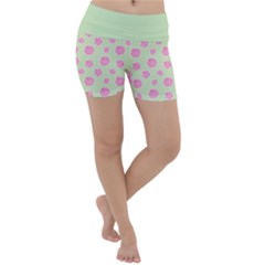 Roses Flowers Pink And Pastel Lime Green Pattern With Retro Dots Lightweight Velour Yoga Shorts by genx