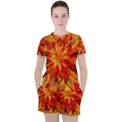 Flower Blossom Red Orange Abstract Women s Tee And Shorts Set