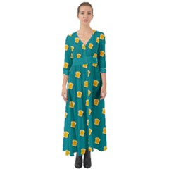 Toast With Cheese Funny Retro Pattern Turquoise Green Background Button Up Boho Maxi Dress by genx