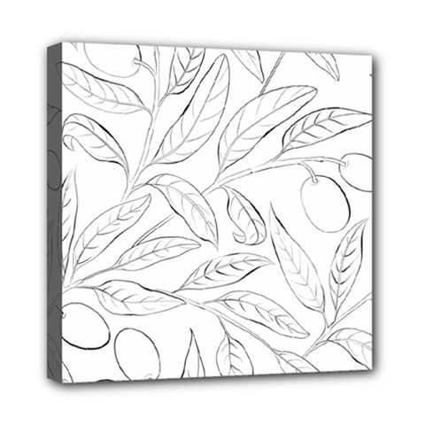 Organic Olive Leaves Pattern Hand Drawn Black And White Mini Canvas 8  X 8  (stretched) by genx