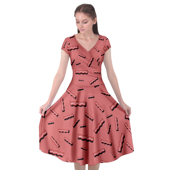 Funny Bacon Slices Pattern infidel vintage red meat background  Cap Sleeve Wrap Front Dress