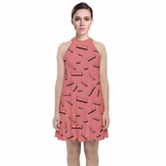 Funny Bacon Slices Pattern Infidel Vintage Red Meat Background  Velvet Halter Neckline Dress  by genx