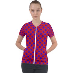 Blue Stars Pattern On Red Short Sleeve Zip Up Jacket by BrightVibesDesign