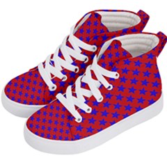 Blue Stars Pattern On Red Kids  Hi-top Skate Sneakers by BrightVibesDesign