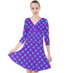 Turquoise Stars Pattern On Purple Quarter Sleeve Front Wrap Dress