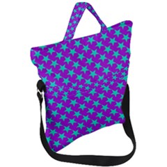 Turquoise Stars Pattern On Purple Fold Over Handle Tote Bag by BrightVibesDesign