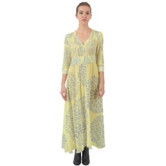 Spring Dahlia Print - Pale Yellow & Light Blue Button Up Boho Maxi Dress by WensdaiAmbrose