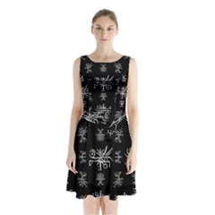 Black And White Ethnic Design Print Sleeveless Waist Tie Chiffon Dress by dflcprintsclothing