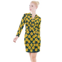 Yellow Daffodils Pattern Button Long Sleeve Dress by Valentinaart