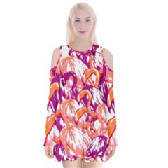 Flamingos Velvet Long Sleeve Shoulder Cutout Dress