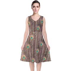 Peacock Feather Bird Exhibition V-neck Midi Sleeveless Dress  by Pakrebo