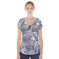 Floral Jungle Black And White Short Sleeve Front Detail Top by okhismakingart