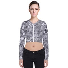 Floral Jungle Black And White Long Sleeve Zip Up Bomber Jacket by okhismakingart