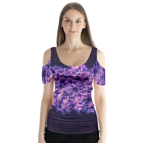 Queen Annes Lace In Purple And White Butterfly Sleeve Cutout Tee  by okhismakingart