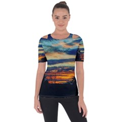 Blue Sunset Shoulder Cut Out Short Sleeve Top by okhismakingart