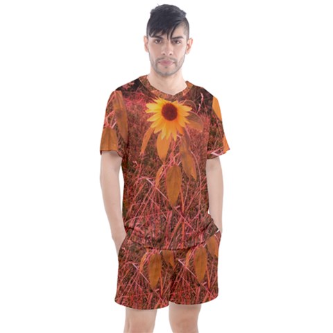 Red Tinted Sunflower Men s Mesh Tee And Shorts Set by okhismakingart