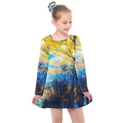 Yellow And Blue Forest Kids  Long Sleeve Dress by okhismakingart