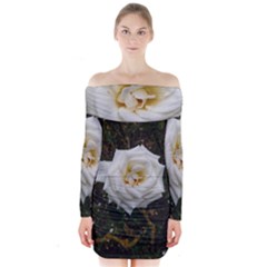 White Angular Rose Long Sleeve Off Shoulder Dress by okhismakingart