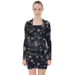 Floral Stars -black And White, High Contrast V-neck Bodycon Long Sleeve Dress by okhismakingart