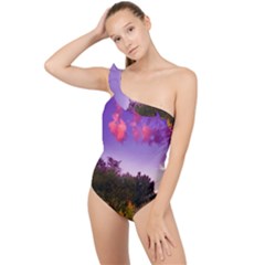 Purple Afternoon Frilly One Shoulder Swimsuit by okhismakingart