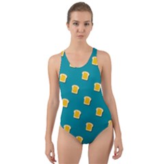 Toast With Cheese Pattern Turquoise Green Background Retro Funny Food Cut-out Back One Piece Swimsuit by genx