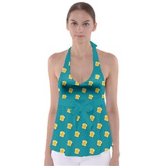 Toast With Cheese Pattern Turquoise Green Background Retro Funny Food Babydoll Tankini Top by genx