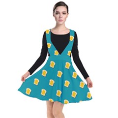 Toast With Cheese Pattern Turquoise Green Background Retro Funny Food Plunge Pinafore Dress by genx