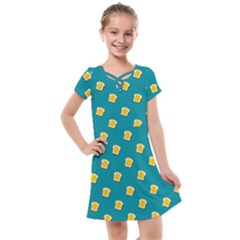 Toast With Cheese Pattern Turquoise Green Background Retro Funny Food Kids  Cross Web Dress by genx