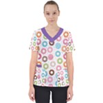 Donut pattern with funny candies Women s V-Neck Scrub Top