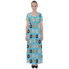 Donuts Pattern With Bites Bright Pastel Blue And Brown High Waist Short Sleeve Maxi Dress by genx