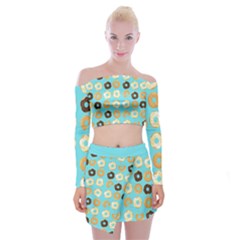 Donuts Pattern With Bites Bright Pastel Blue And Brown Off Shoulder Top With Mini Skirt Set by genx