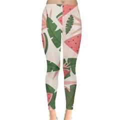 Tropical Watermelon Leaves Pink And Green Jungle Leaves Retro Hawaiian Style Leggings  by genx