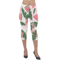 Tropical Watermelon Leaves Pink And Green Jungle Leaves Retro Hawaiian Style Lightweight Velour Capri Leggings  by genx