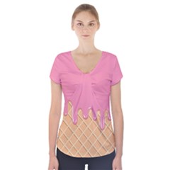 Ice Cream Pink Melting Background With Beige Cone Short Sleeve Front Detail Top by genx