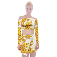 Chinese Dragon Golden Off Shoulder Top With Mini Skirt Set by Sudhe